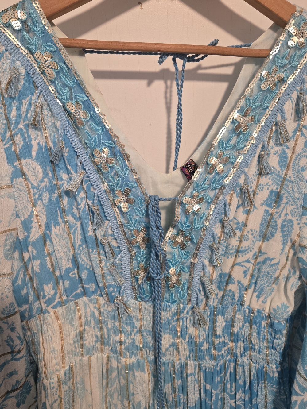 Light Blue Floral Boho Maxi Dress with Sequin Trim - Picture 2 of 10